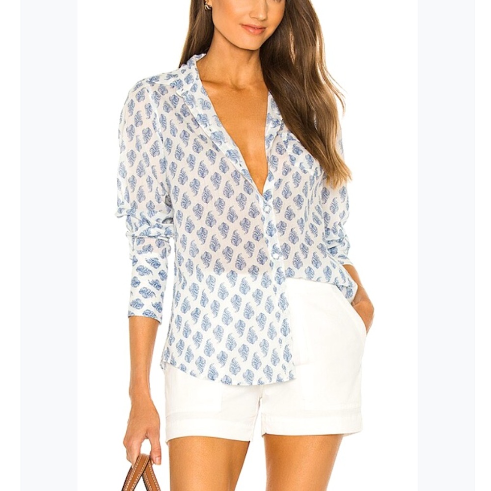 Nili Lotan Blue & White Print Button Down Shirt - size M